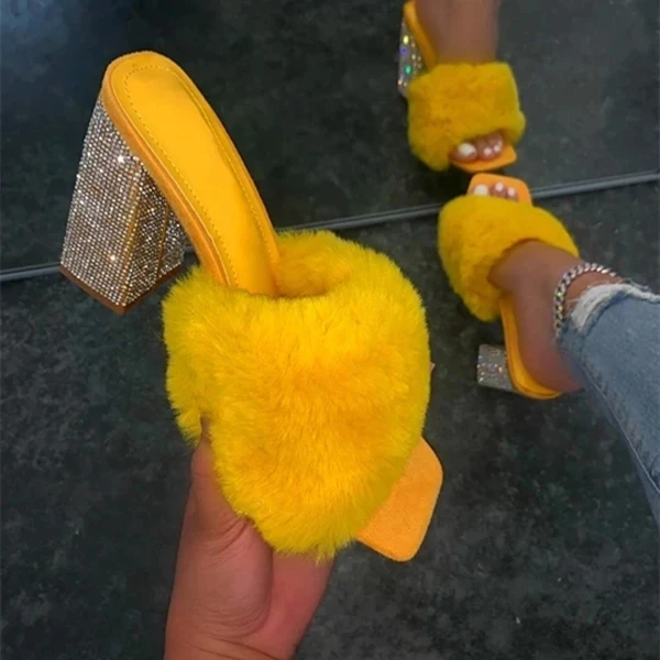 

Dropshipping 2021 new design fancy fur slides sandals for ladies chunky heels square toe women high heel shoes, Yellow, red, black, apricot, rose-red