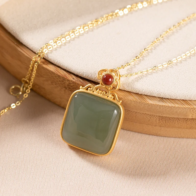 

Chinese Style Blank Gemstones Necklaces Women Square Jasper Jade Pendants + Chains 925 Silver Plated Gold Necklaces, Gold color