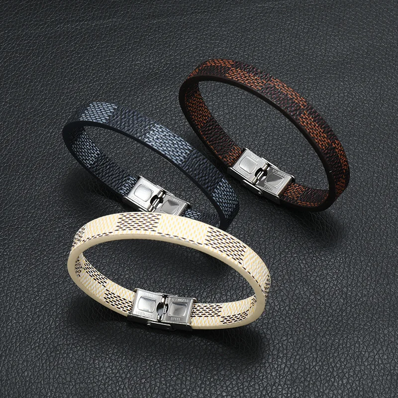 

new simple striped stainless steel leather bracelet popular jewelry punk bracelet manufacturers