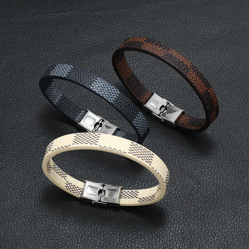 new simple striped stainless steel leather bracelet popular jewelry punk bracelet manufacturers