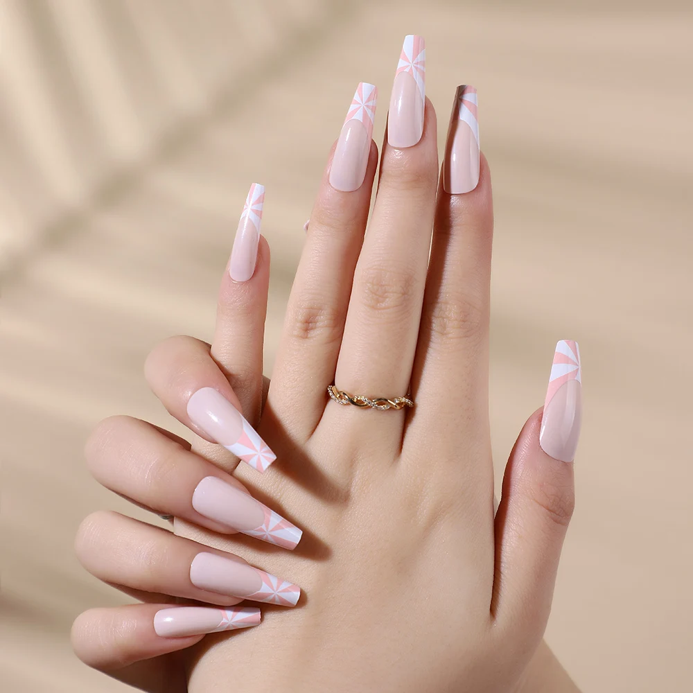 

Fast Delivery Low MOQ Coffin Press On Nails Ballerina England White Pink Color Reusable Private Label False Nails For Women