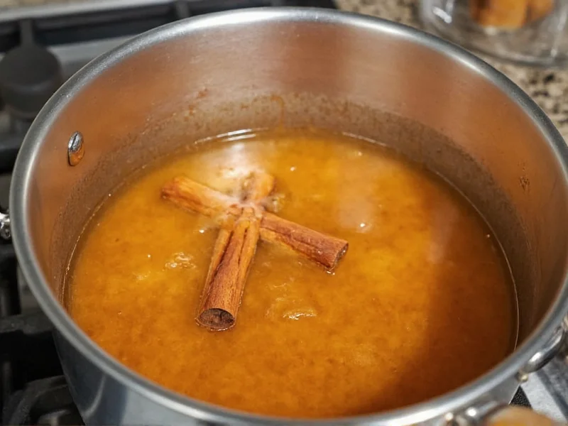 Simmering apple cider with cinnamon sticks in stainless steel pot