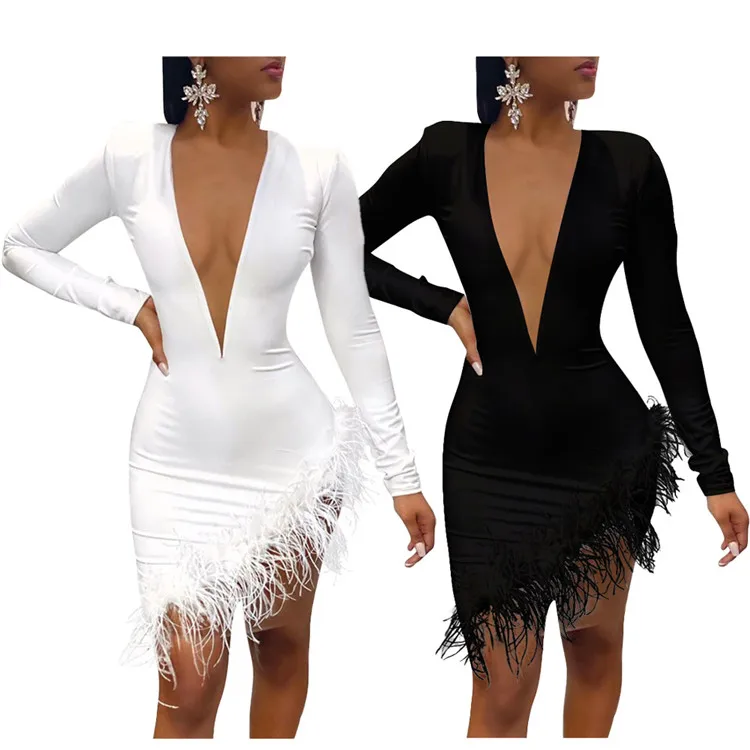 

2020 new arrivals sexy deep v neck feathers mesh patchwork bodycon dress women club wear