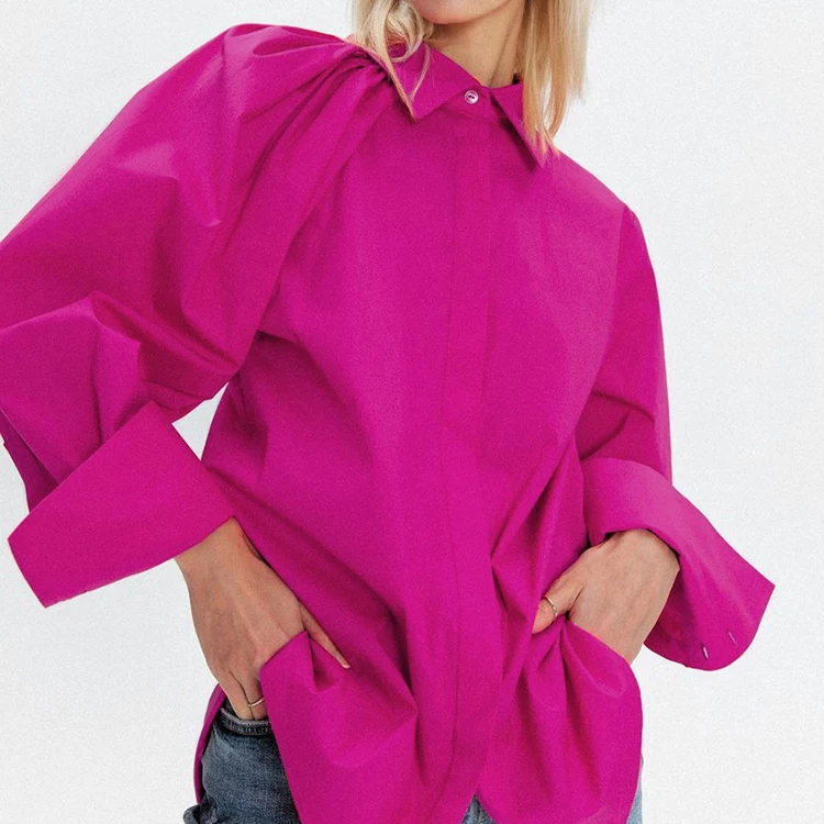 

New Fall 2021 Women Clothing Turn-Down Collar Pink Long Lantern Sleeve Designer Shirt Cotton Ladies' Blouses, Pink & green
