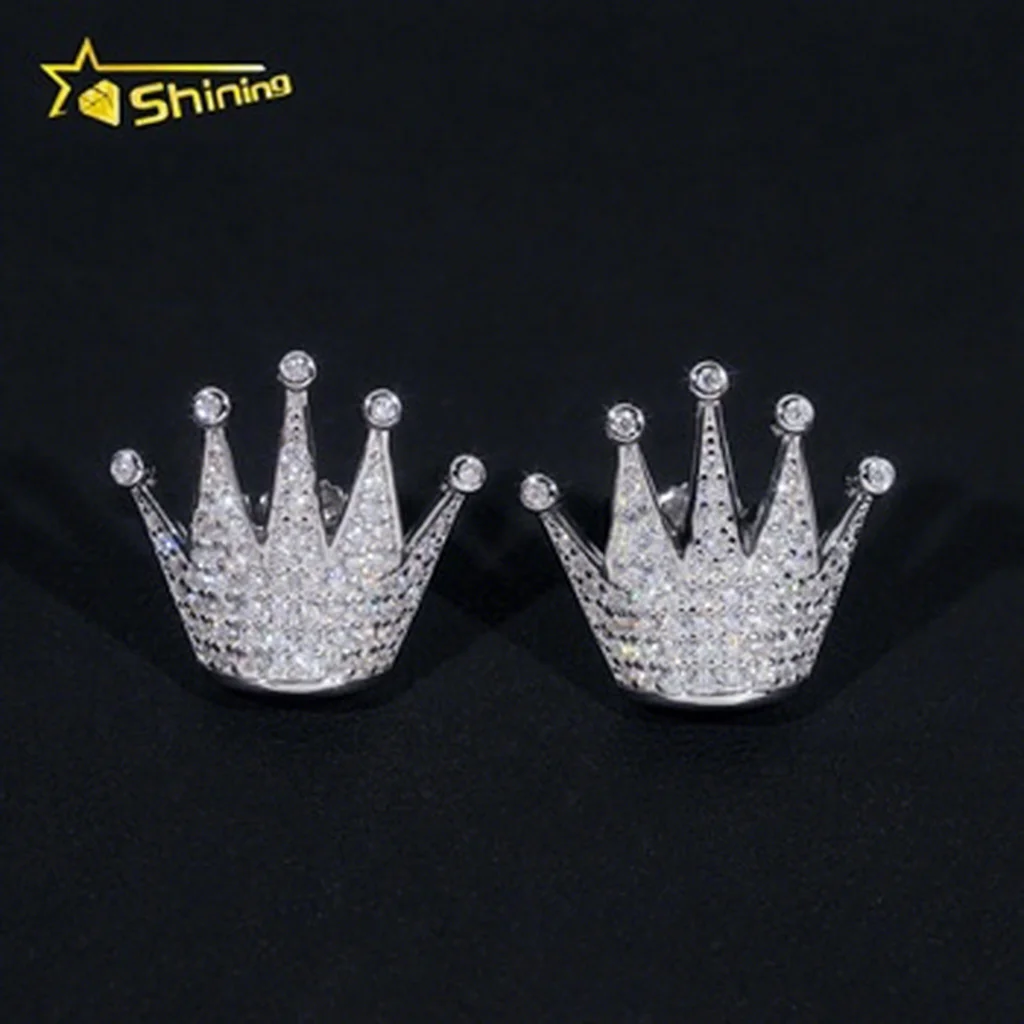 New Arrival Hip Hop Ice Out Lab Diamond Crown Design 925 Silver VVS Moissanite Diamond Earrings