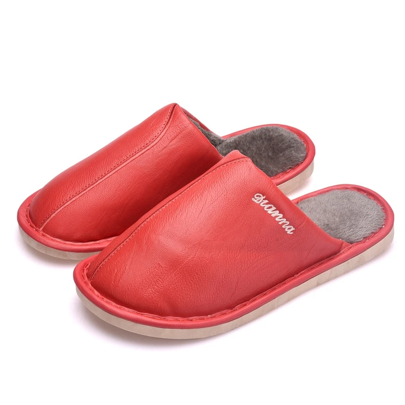 

Women's cotton slippers winter home indoor couple thick leather PU leather waterproof anti-slip plush warm men's slippers, Picture