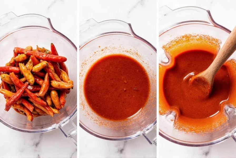 Step-by-step preparation of red chile sauce showing toasting, soaking, and blending stages