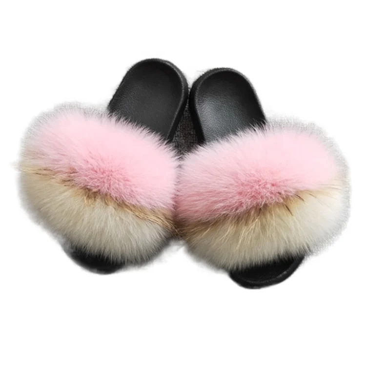 

Hot selling female real fox fur EVA sole open-toe downy furry candy color oversize flat flip-flops slippers for women slippers