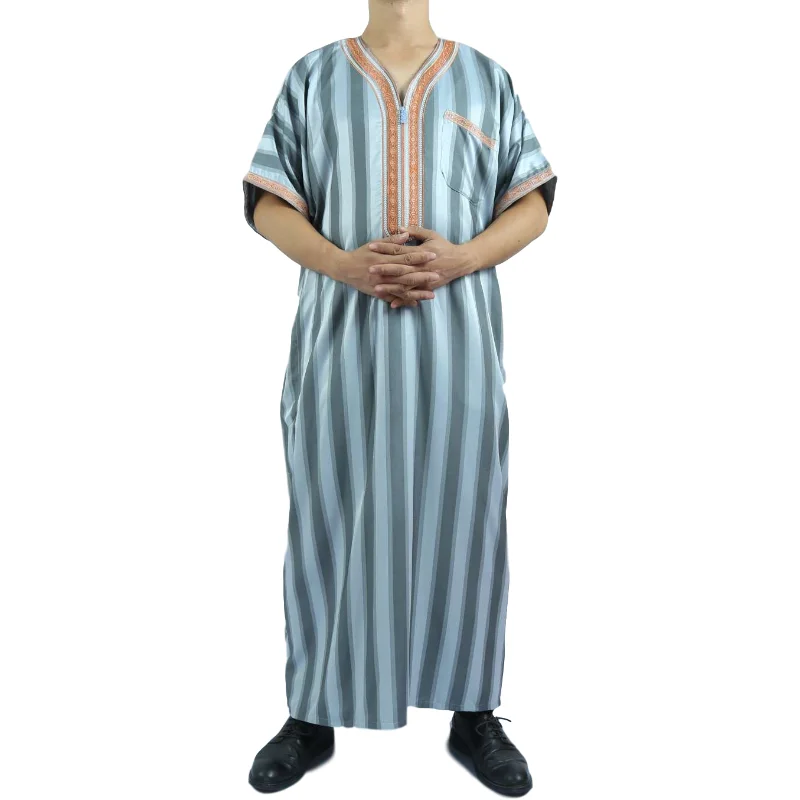 

Hot Sale African Style Men Thobe Long Sleeve Striped Zipper Islamic Thawb for Man, 4 colors mix