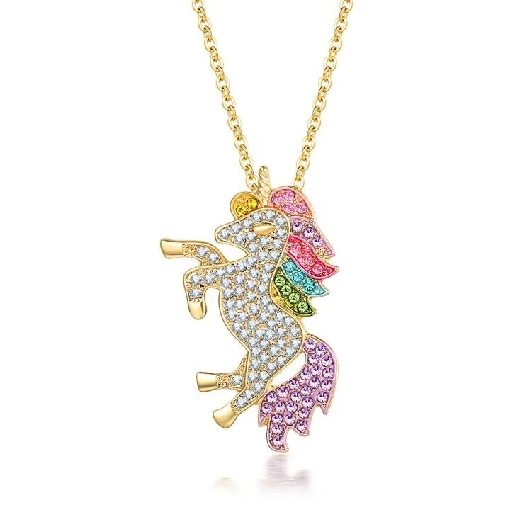 

New Design Crystal Cute Unicorn Horse Rainbow Gold Silver Color Pendant Necklace for Child Kids