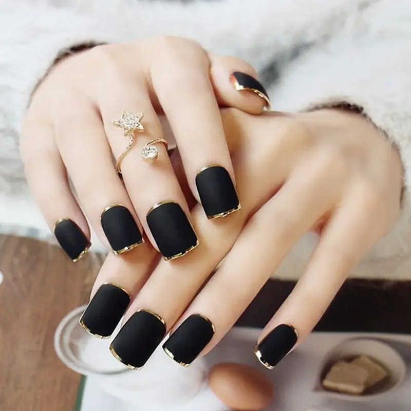 

Women and girls 24pcs fake nails black matte short square shape glossy press on nail false tips artificial fingernails manicure, Multi color