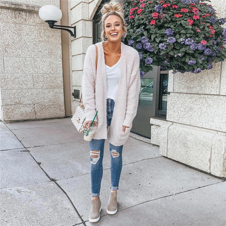 

Women Long Sleeve Sweater Turtleneck Hooded Cardigan White Soft Plush Sweater