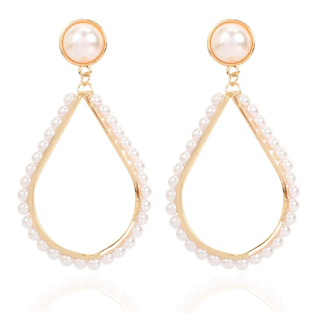 

2021 Retro Alloy Hollow Geometric Crystal Pearl Drop Earrings Hollow Pearl Drop Earrings