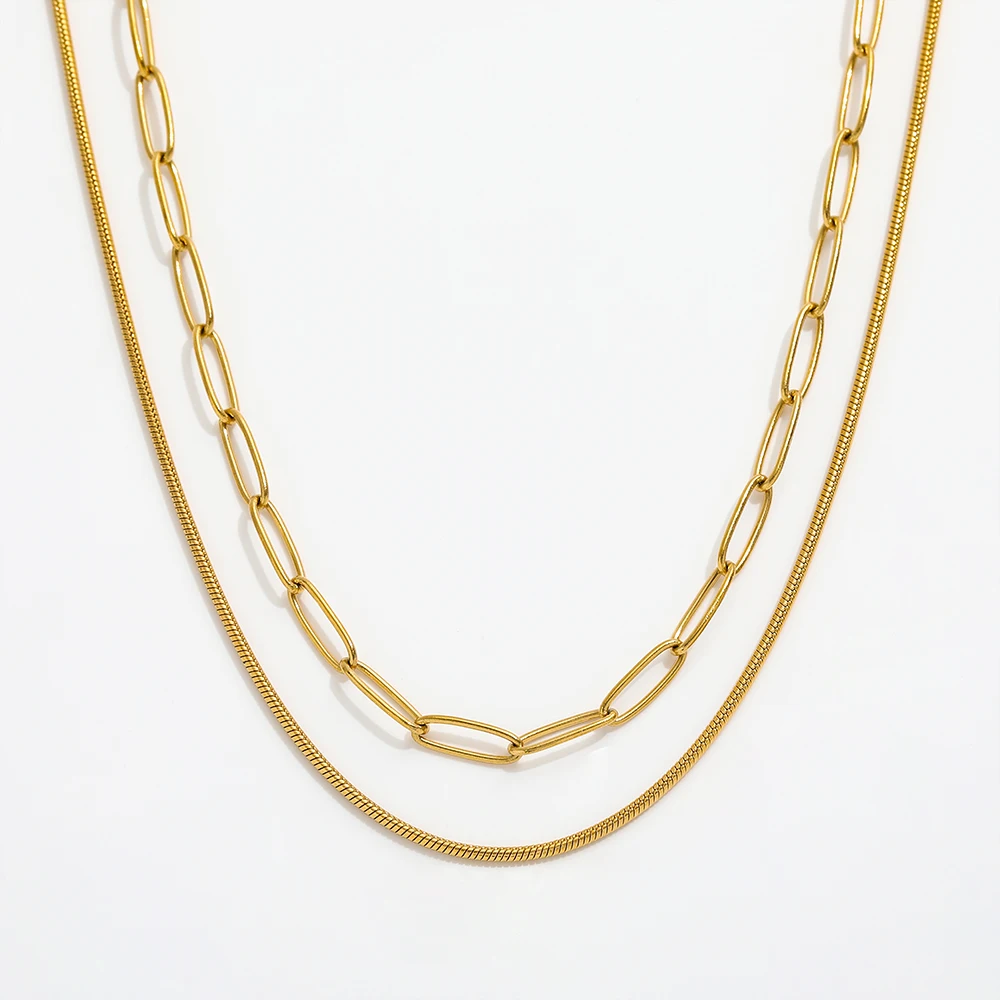Joolim Jewelry 18K Gold Plated Double-layer Paper Pin Snake Chain Choker Necklace Stainless Steel Jewelry Wholesale