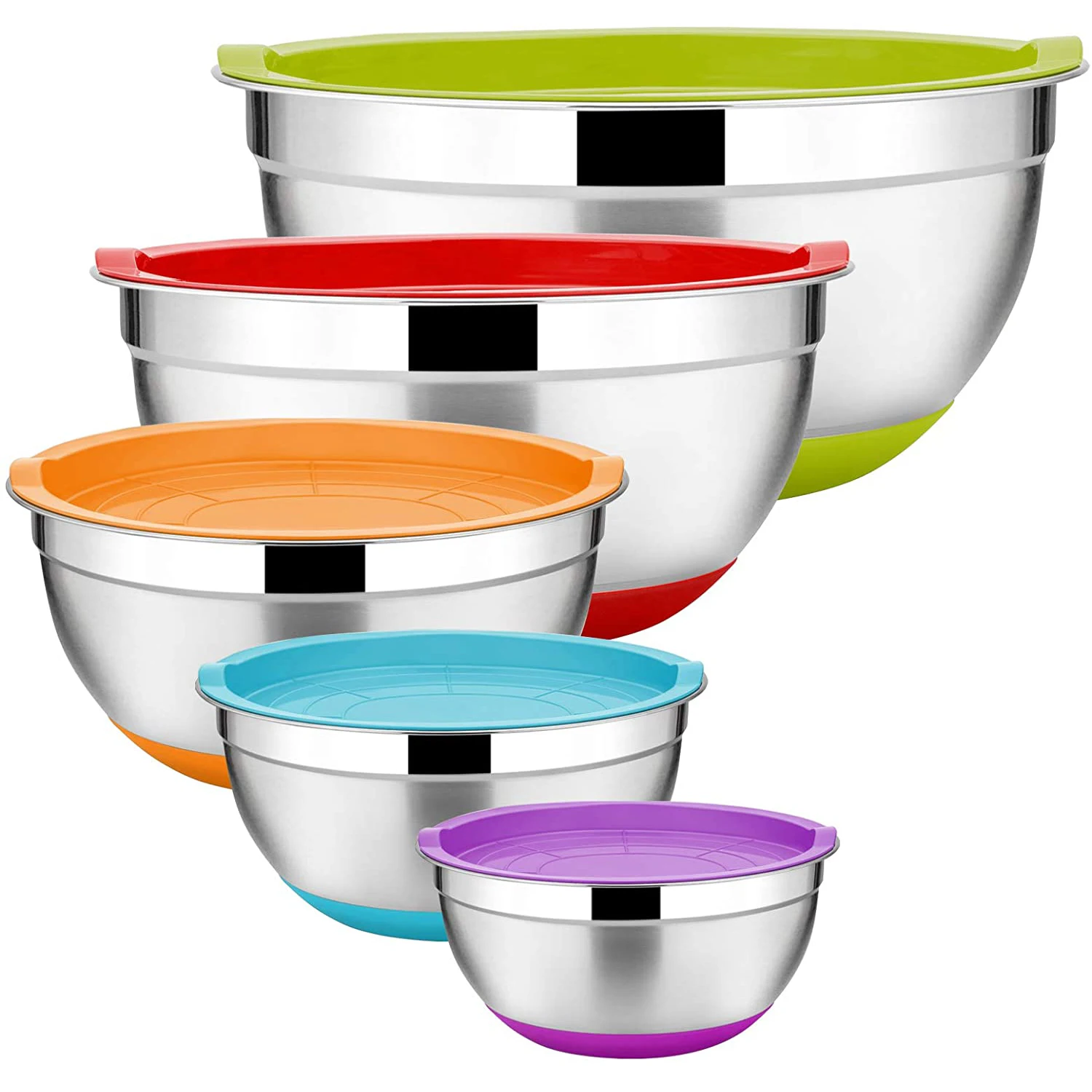 

Custom Kitchen Cooking Baking Tool 5 Pcs Soup Colorful Non Slip Bottoms Silicone Lid Salad Stainless Steel Mixing Bowl Set, Silver