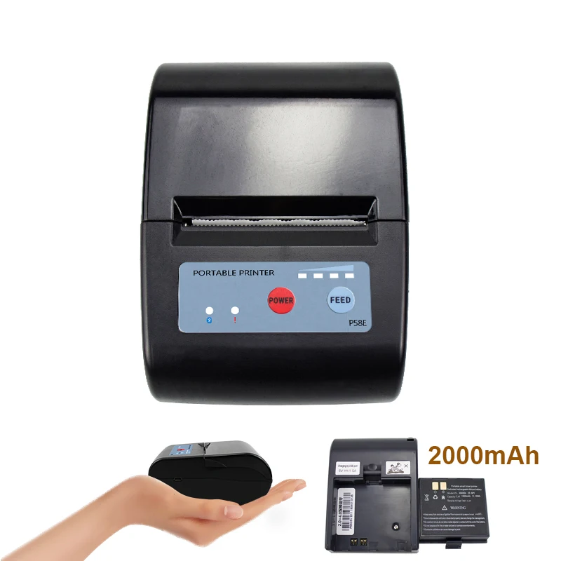 

P58E 58mm 2000mAh Large Batter USB Blue tooth Mini Portable Receipt Ticket Thermal Printer, Black color