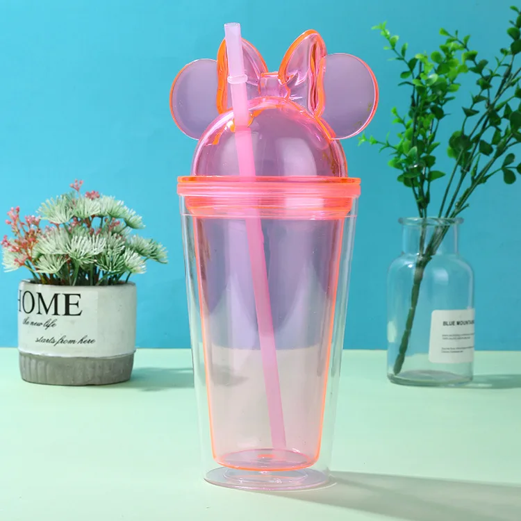 

Hot Sale Double Wall Reusable 16oz Plastic Cups Minnie Micky Mug With Lids And Straws, Customized color acceptable