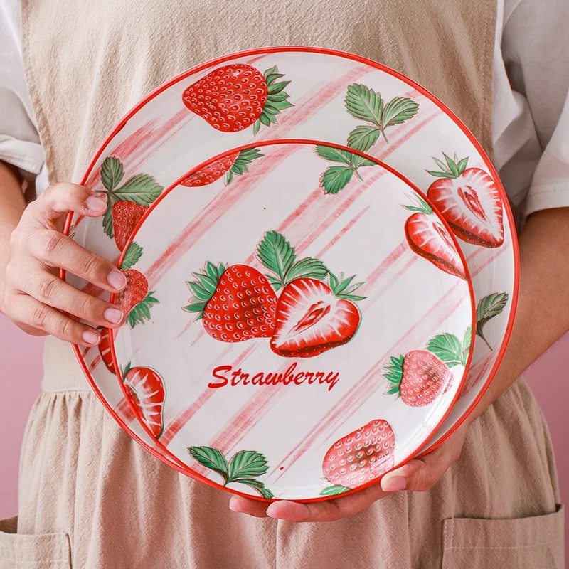 

Wholesale Round Strawberry Printed Ceramic Tableware Salad Dishes Plates, Color glazed