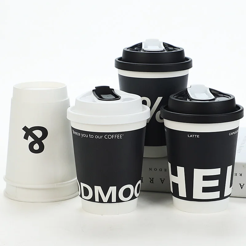 

RTS 12oz 16oz Wholesale Disposable PE Coated Double Wall Paper Coffee Cups White Black Coffee Paper Cup With Lids For Hot Drinks