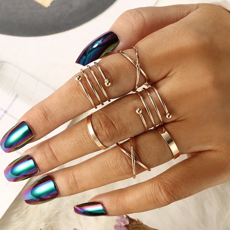 

6pcs set Bohemia Gold Plated Crossed Knuckle Finger Rings Geometric Spiral Index Finger Rings