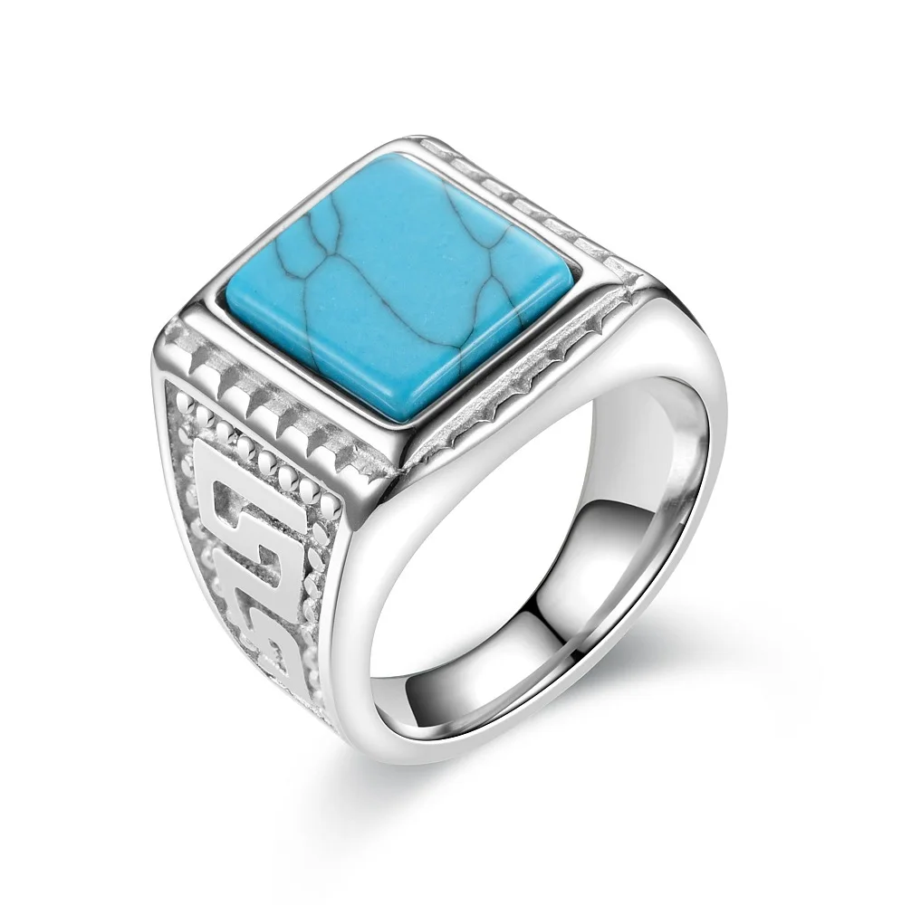 

New Arrival Square Vintage Turquoise Ring Silver Stainless Steel Gemstone Ring for Women Men
