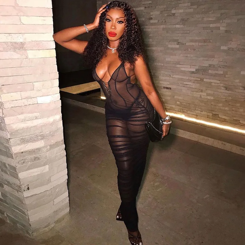 

Sexy Mesh Stacked Maxi Dress Women 2021 Summer Trend Spaghetti Strap V-neck Backless Skirt Female Bodycon Clubwear Y2K