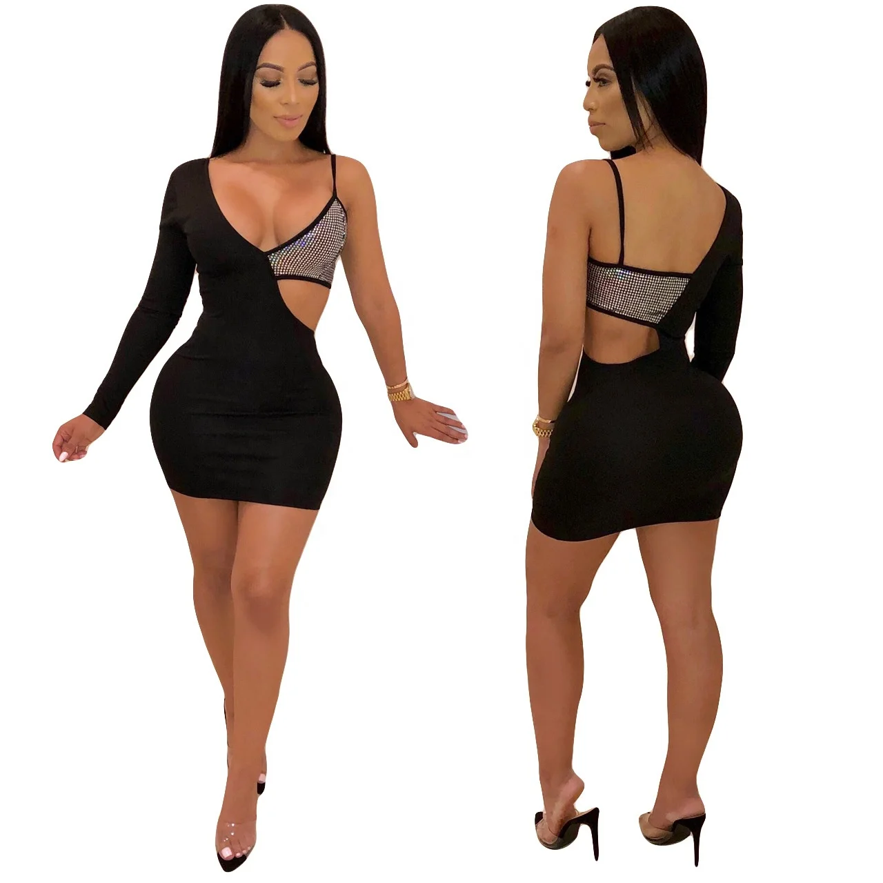 

Wholesale Nightclub Sexy Women's Sling Dress Unilateral Long Sleeve Stitching Sexy Sequins Club Dress