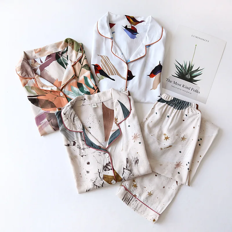 

ShiYu Fashion Plants Animals Print Cotton Sleepwear Pajamas Set Home Clothes Long Sleeve Top Pants Two Piece Pajama Set, Picture shown