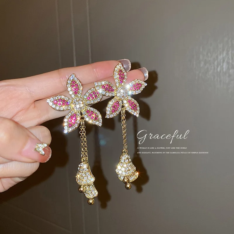 

fashion crystal bell red earrings 2021 flower