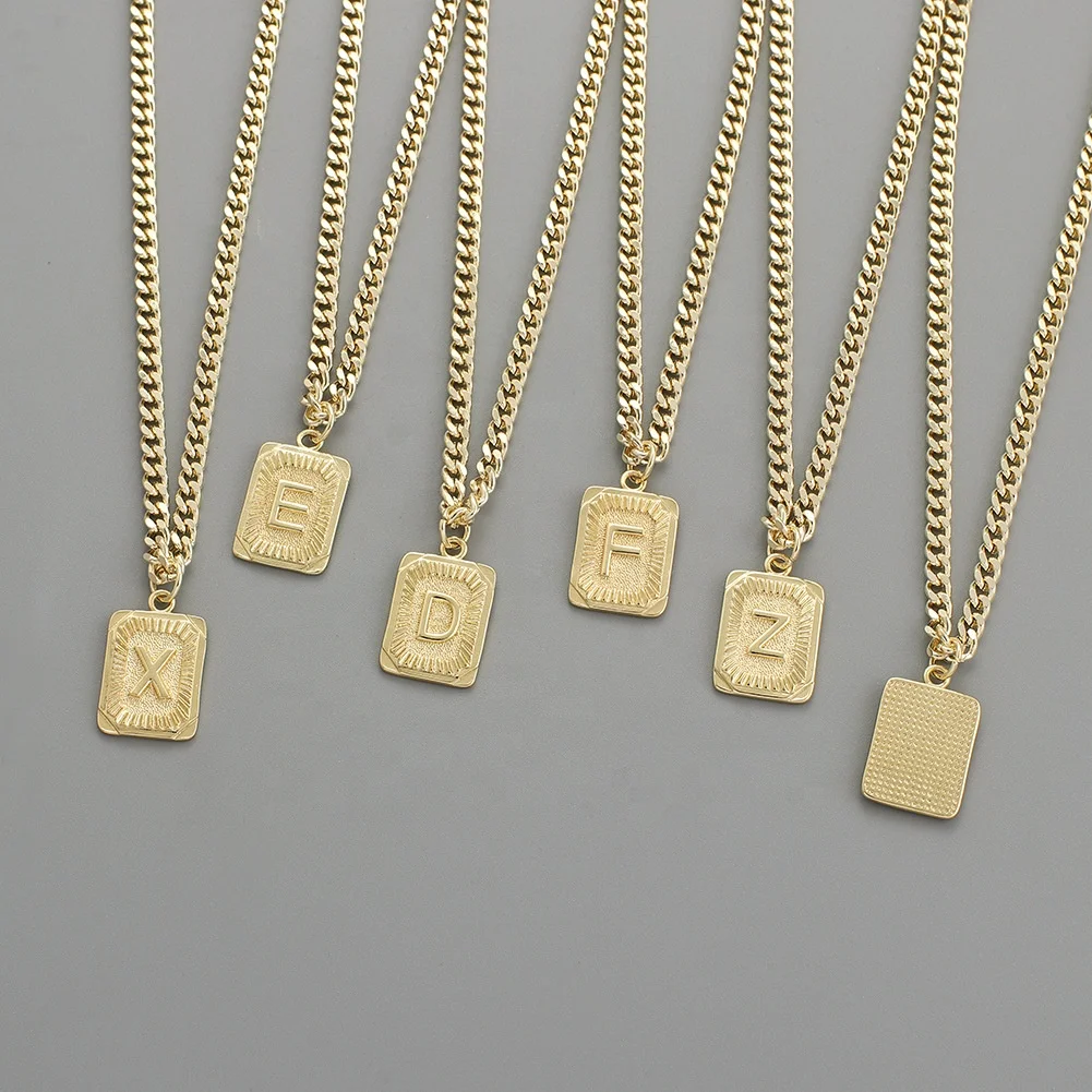 

Fashion Hiphop Jewelry Man Women 18K Gold Plated 26 Letter Initial Necklace Plain Cuban Link Chain Square Pendant Necklace