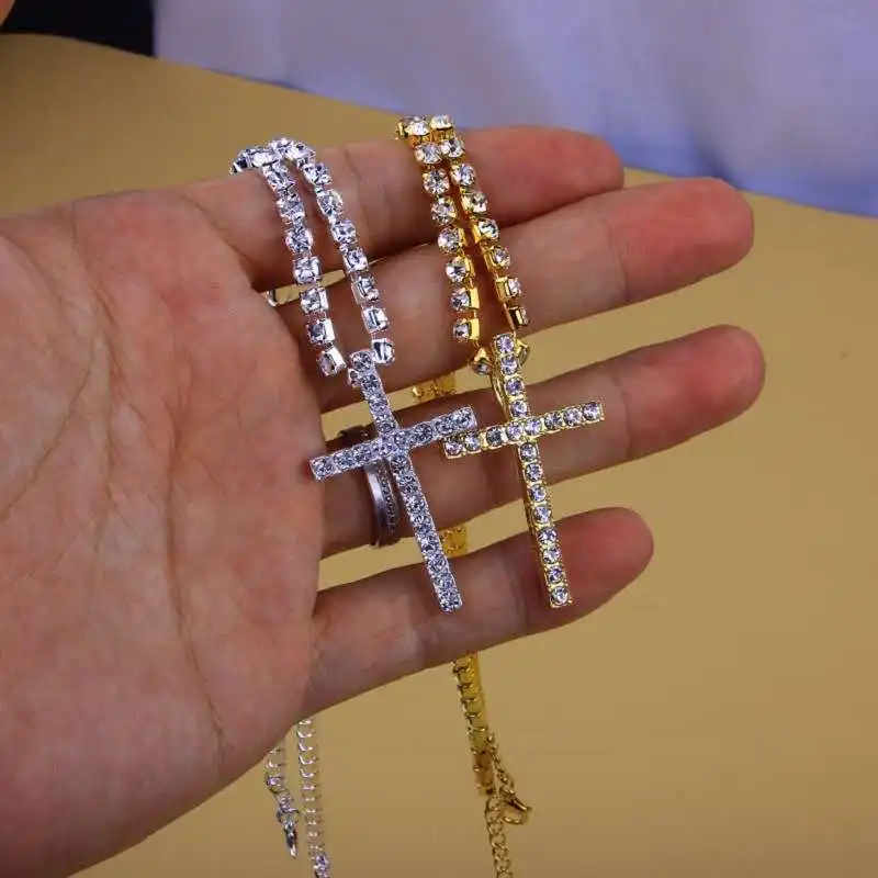 

Tennis Letter Pendant Necklace,Wholesale Custom Personalized Hip-hop 2020 Bling Silver Cz Diamond Tennis Chain Zircon Cross Pend, Sliver gold