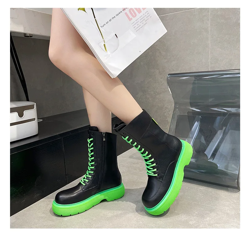 

TG37 Fall boots 2022 new leather women's winter boots thick soles British win versatile green uggh boots for women, As picture