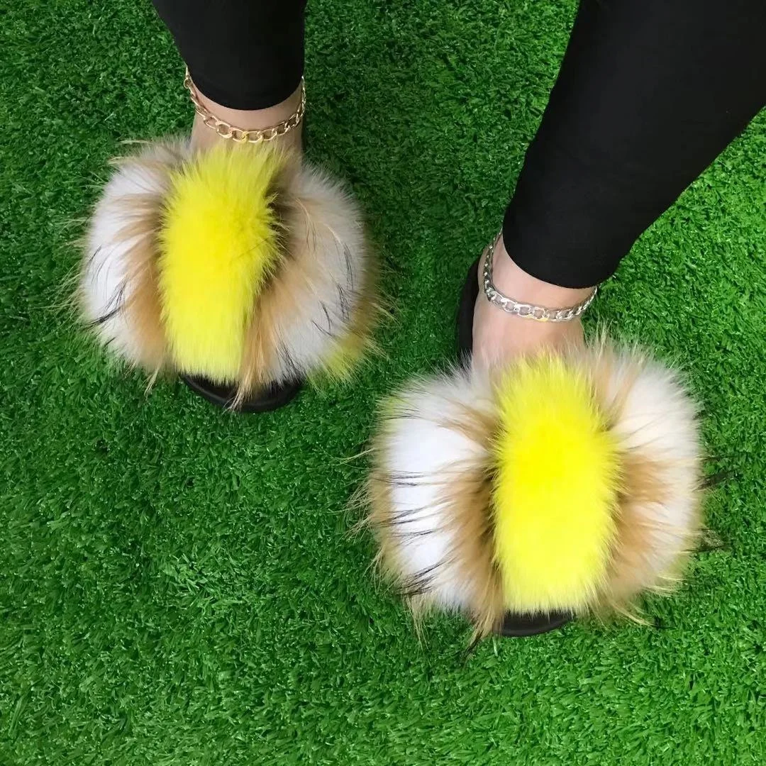 

Womens fur slippers slippers fur raccoon fluffy raccoon fur slippers, Color matching or can be customized according to requirements