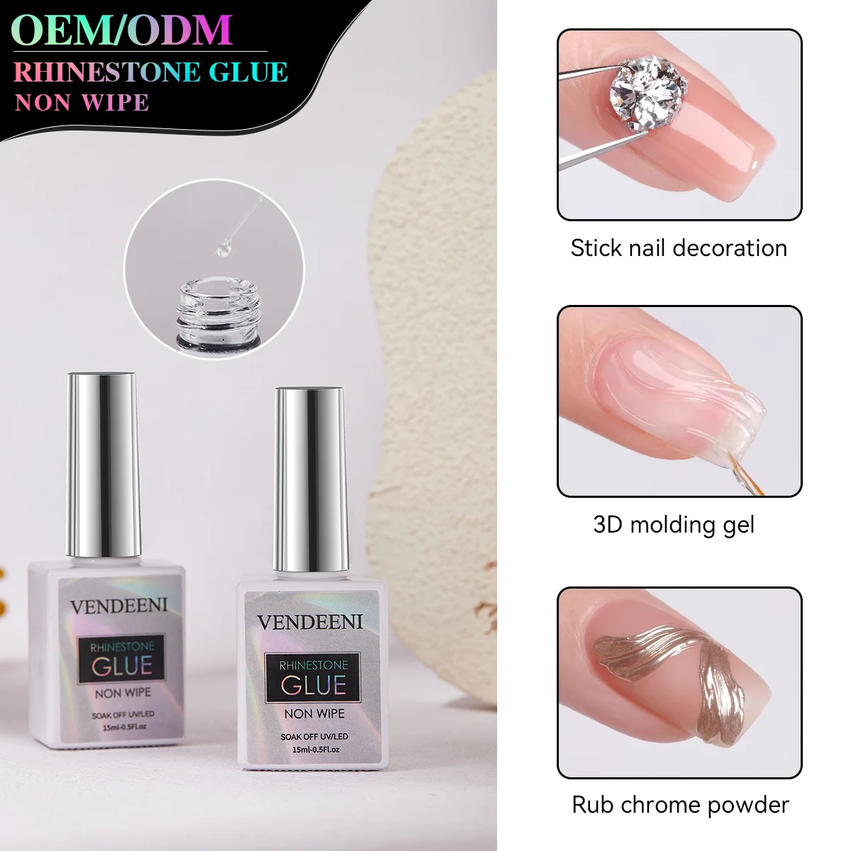 Vendeeni OEM Custom logo 15ml Nail Rhinestone Gel Super Strong Gel Glue for Manicure Transparent Nail Art 3D Sticky Carving Glue
