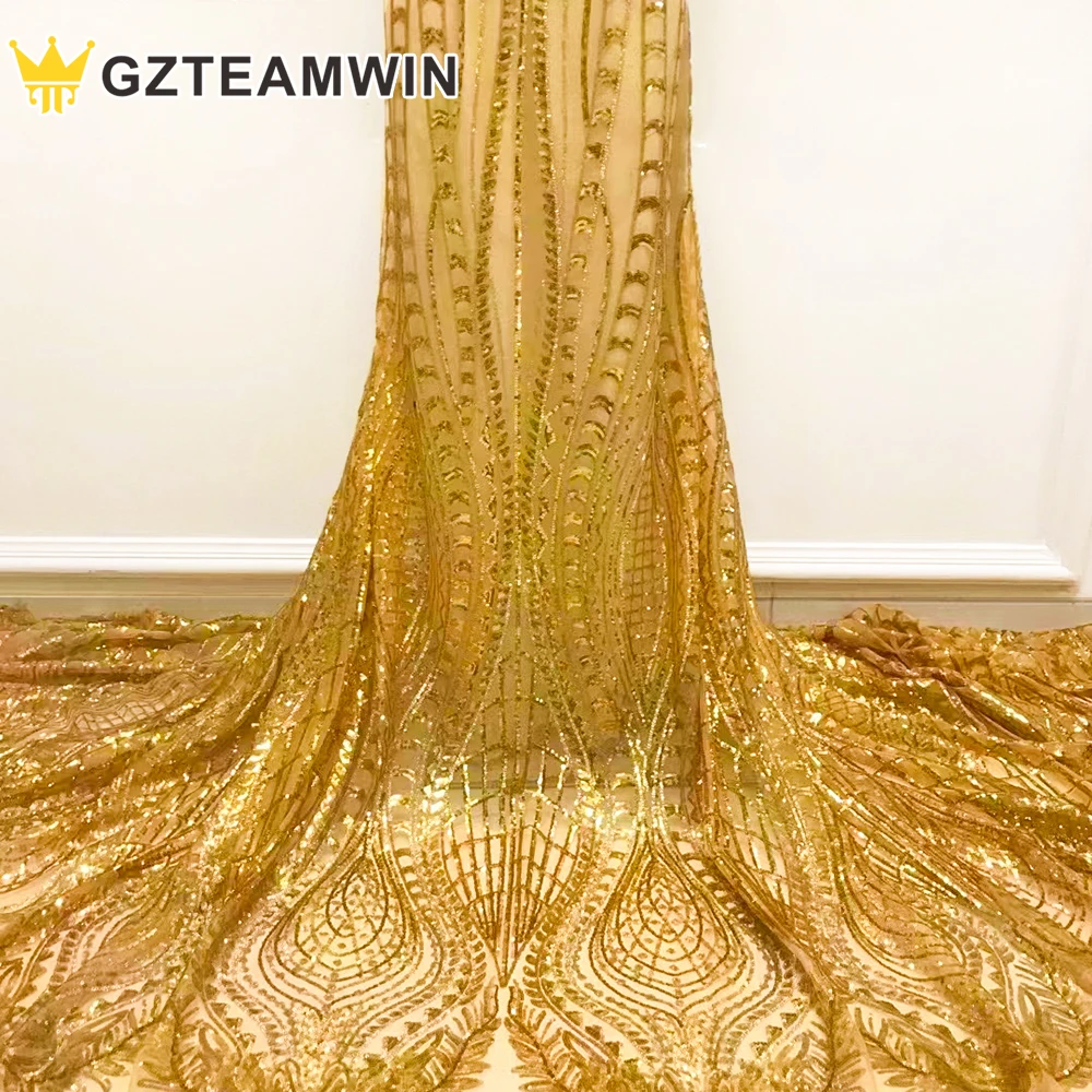 

High Quality 100% Polyester African Sequins Lace Fabric Golden Net Embroidery Tulle Lace Fabric For Nigerian Wedding Party Dress