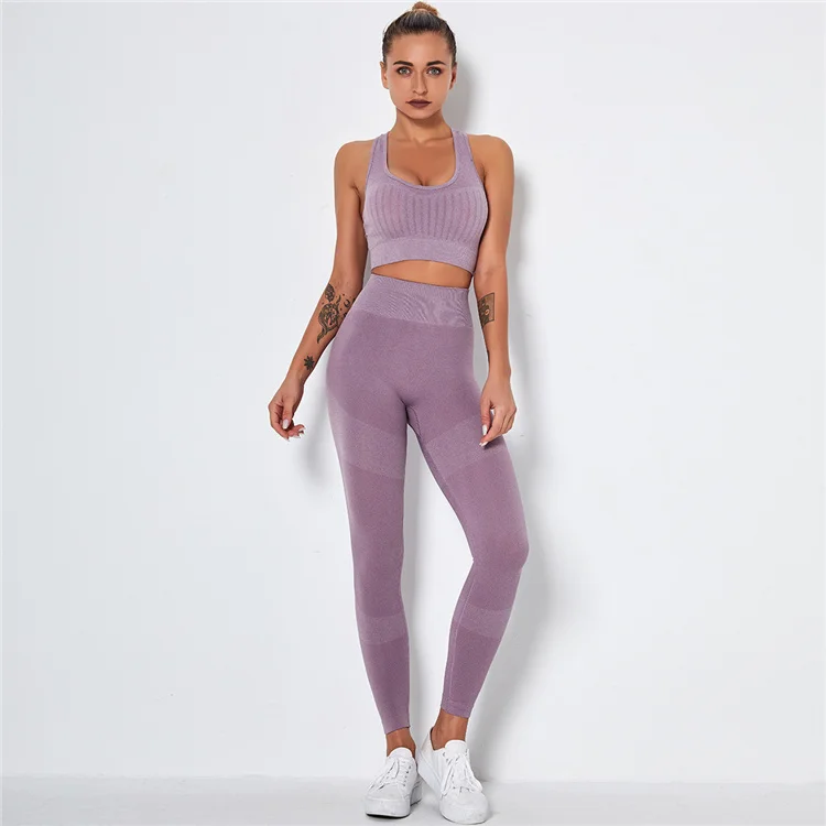 

Hot sale yoga outfit women sets seamless push up bras tummy control high waist seamless fitness knitting 2-piece yoga set