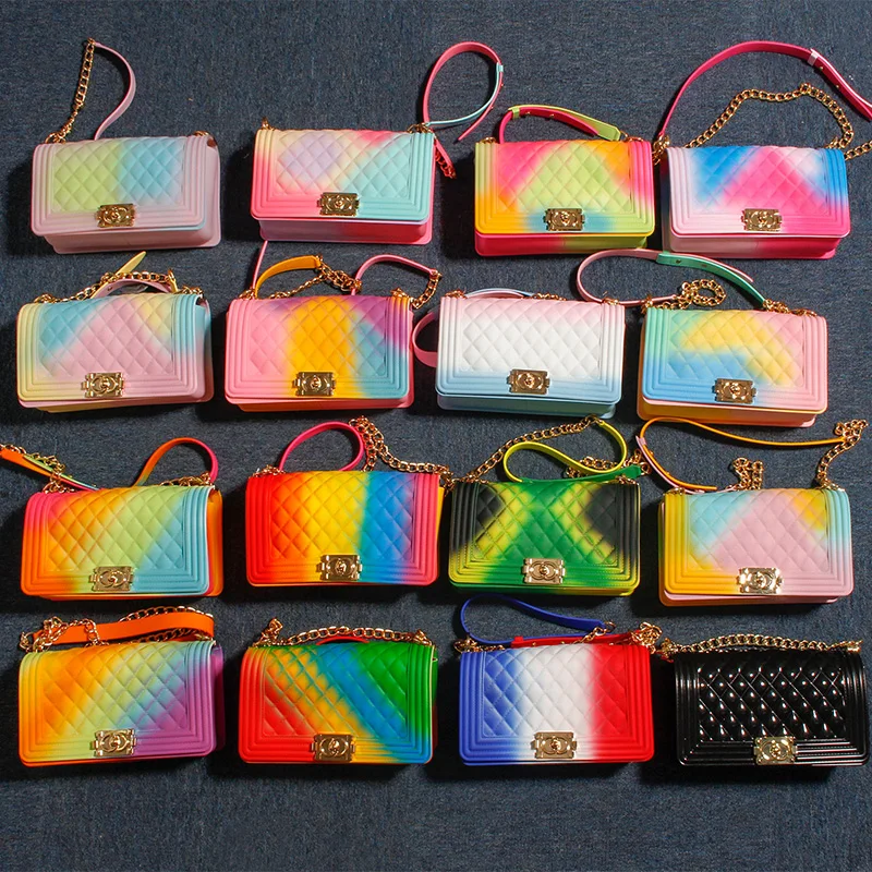 

Most Hot Selling Crossbody Girls Bags Pvc Rainbow Bag Lattice Chain Candy Color Jelly Bag Women Purses Handbags, 7 color