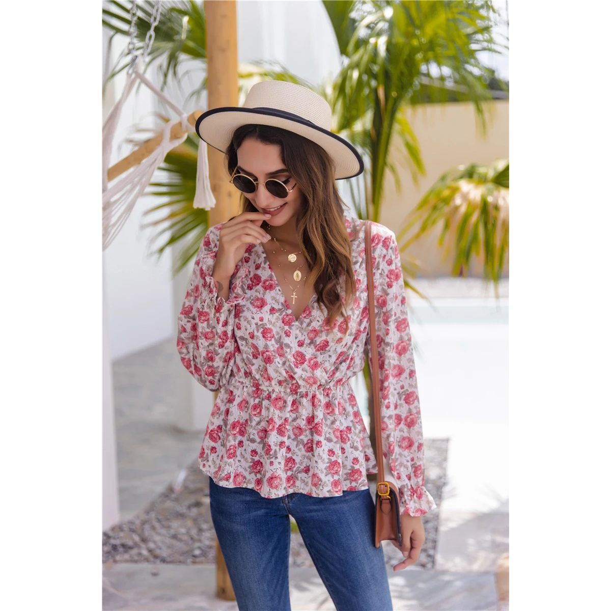 

2020 Fall Lady Floral Long Sleeve Womans Blouses Ladies Deep V Elegant Fashion Blouse Women Ruffle Shirts Tops