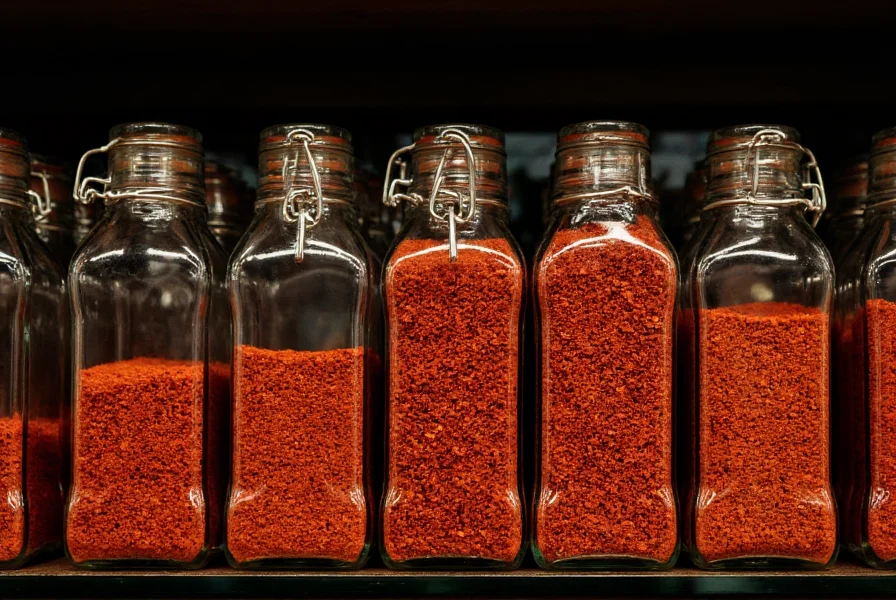 Glass jars containing crushed red pepper flakes stored in cool dark pantry