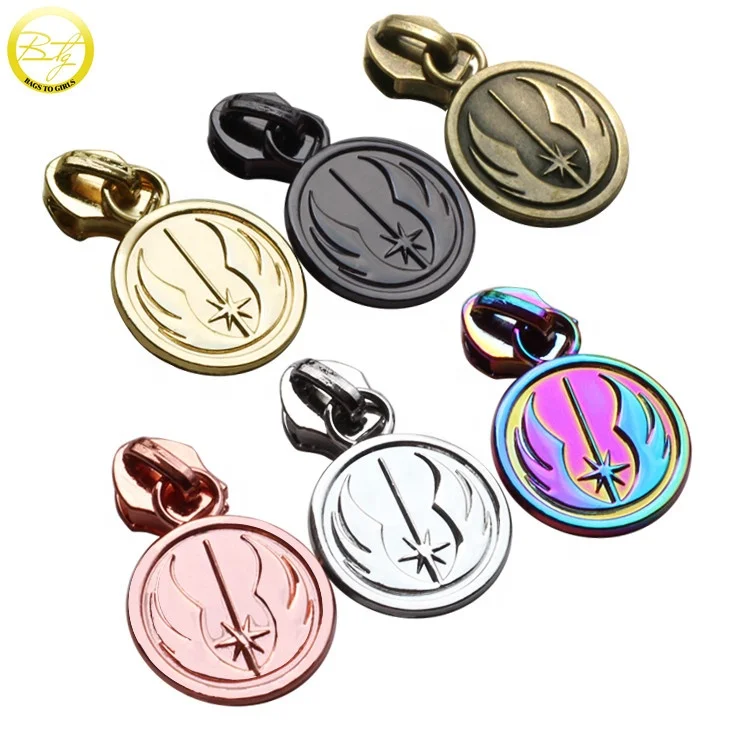 

Custom bags creative round zip puller tags zinc alloy purse rainbow logo zip sliders metal for pullers