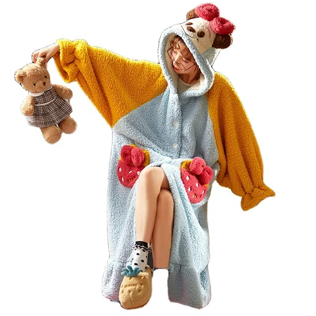 

Girls Latest Design Autumn New Arrivals Ladies Long Sleeve Hooded Dressing Gown Cute Animal Flannel Female Long Robe For Women