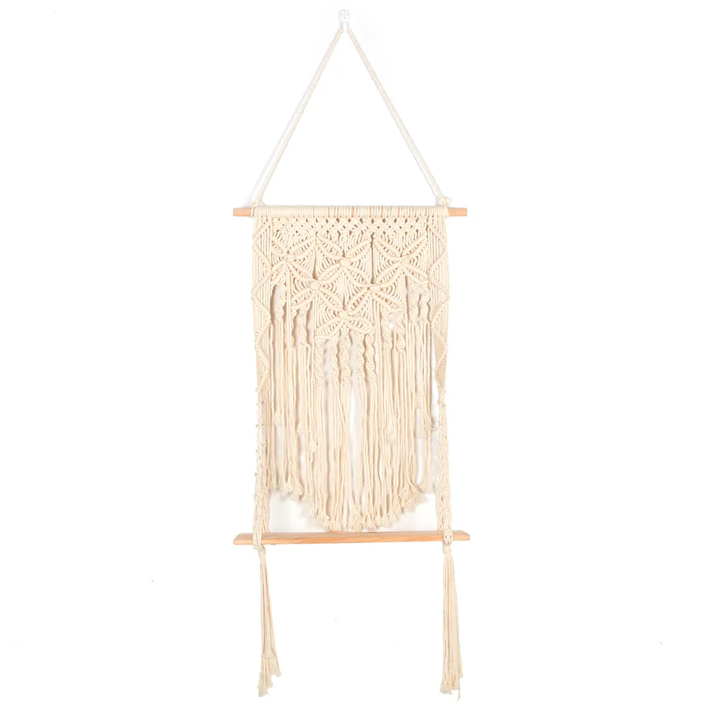 

macrame wall hanging bohemian home decoration single layer cotton rope wooden shelf, White,pink,blue or customized