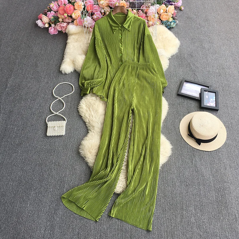 Solid Long Sleeve Pleated Shirt & Trousers Set