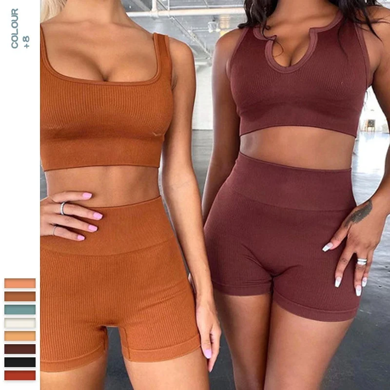 

2021 New Custom Seamless Knitting Solid Color Sports Shorts Fitness Bra Yoga Leggings Set For women, 8 colors