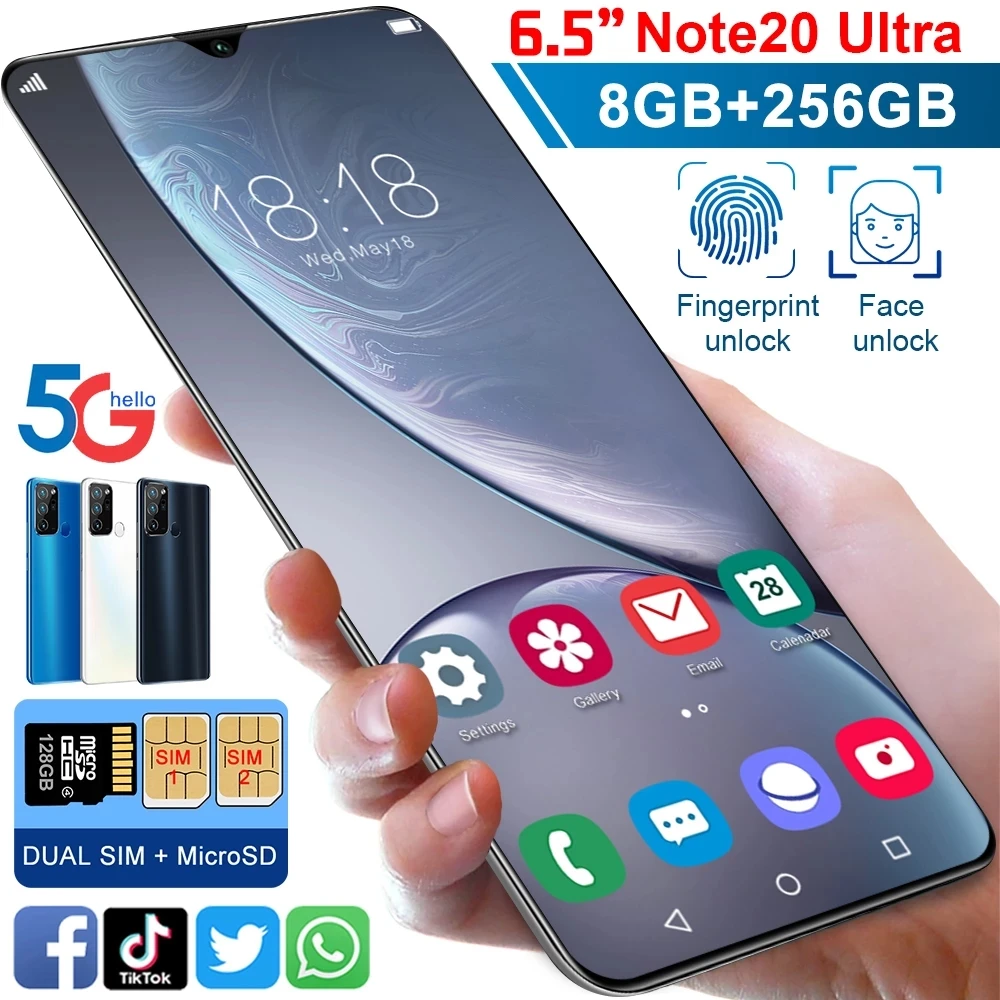 

NEW 5G Note20U 6.5 Full-screen 10core Mobile Phone Dual Card Global telefones celulares Smartphone 8G+256G, Blue/black/white