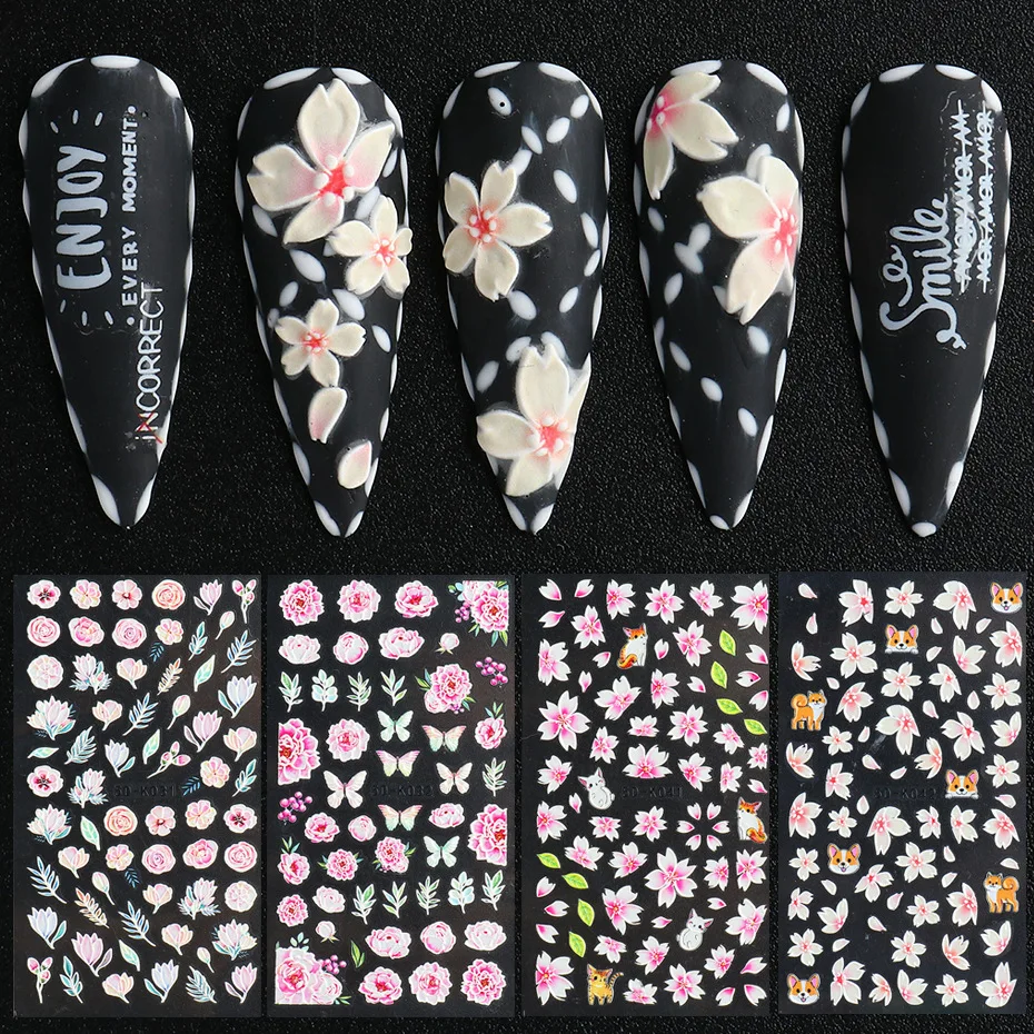 

New Fashion 3D Design Engraved Embossed Flower Rose Butterfly Sliders Decals Nail Art Decoration Tips White 5D Nail Stickers