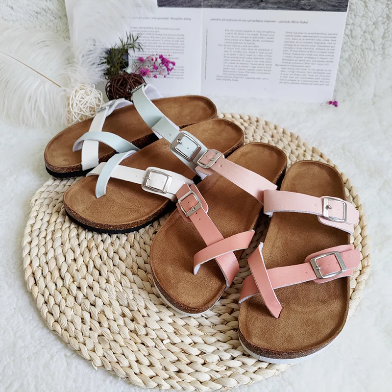 

Fashion cork ladies sandals slippers two buckles comfortable women fancy slippers