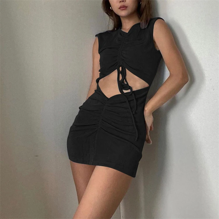 

DUODUOCOLOR Solid color draw cord sleeveless false two pieces midi skirt summer style hollow out dress v neck clothing D10323