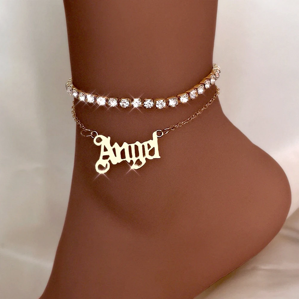 

2pcs Full Rhinestone Pave Angel Babygirl Words Pendant Ankle Bracelet For Women Letter Charm Anklet, Gold silver plated