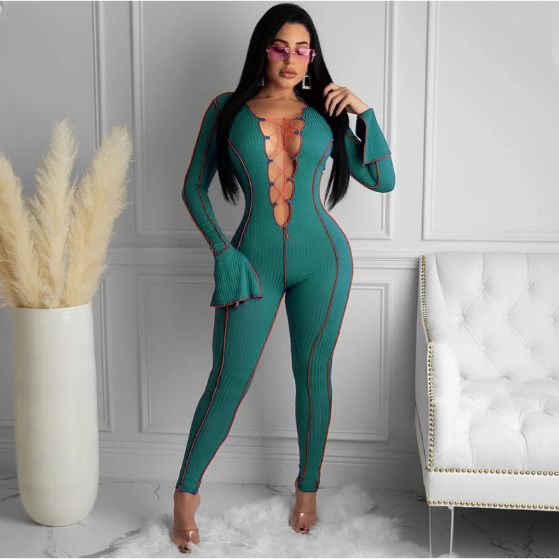 

2021 Sexy Lace Up Flare Long Sleeve Fall Autumn Winter Ladies Side Striped Clothing Women Chic One Piece Jumpsuit, Customized color